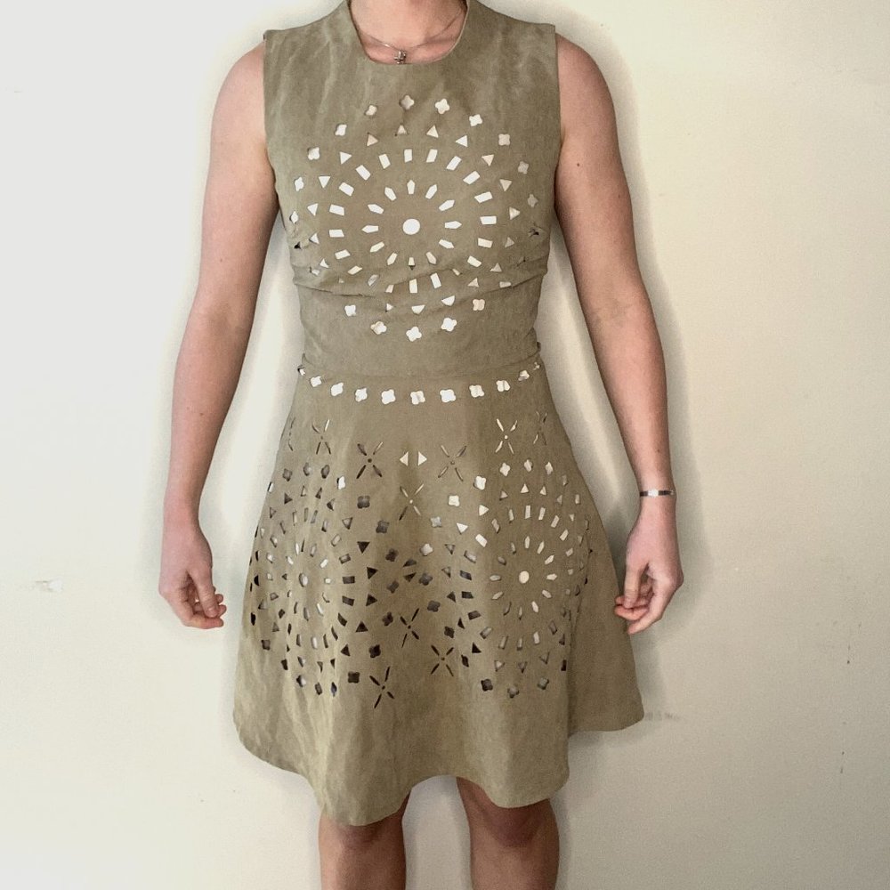 Tan/ Pure Sage Laser cutout 100% Polyester Flair Dress in a Small